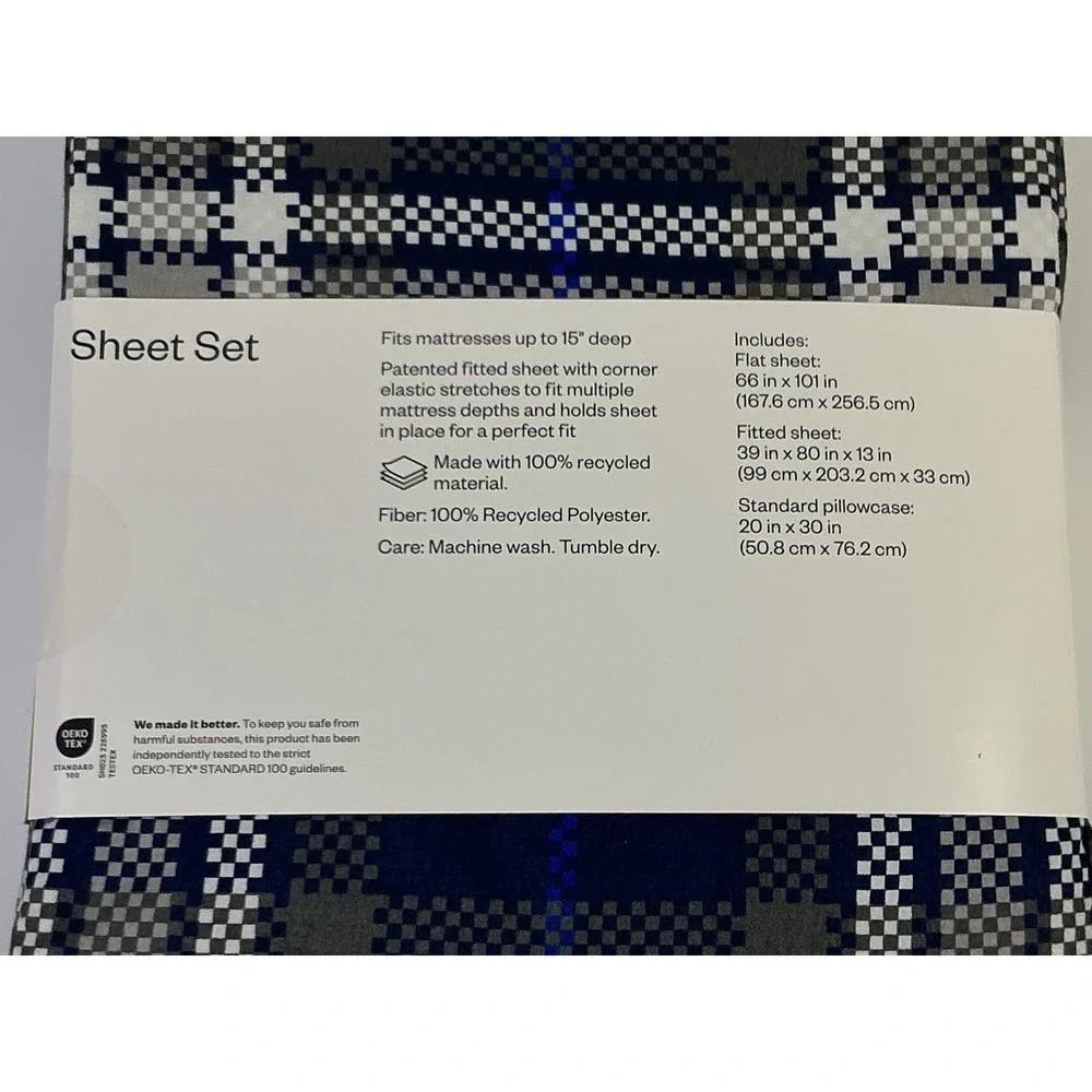 Room Essentials Twin XL Microfiber Sheet‎ Set Navy Blue Plaid Bedding NEW Soft